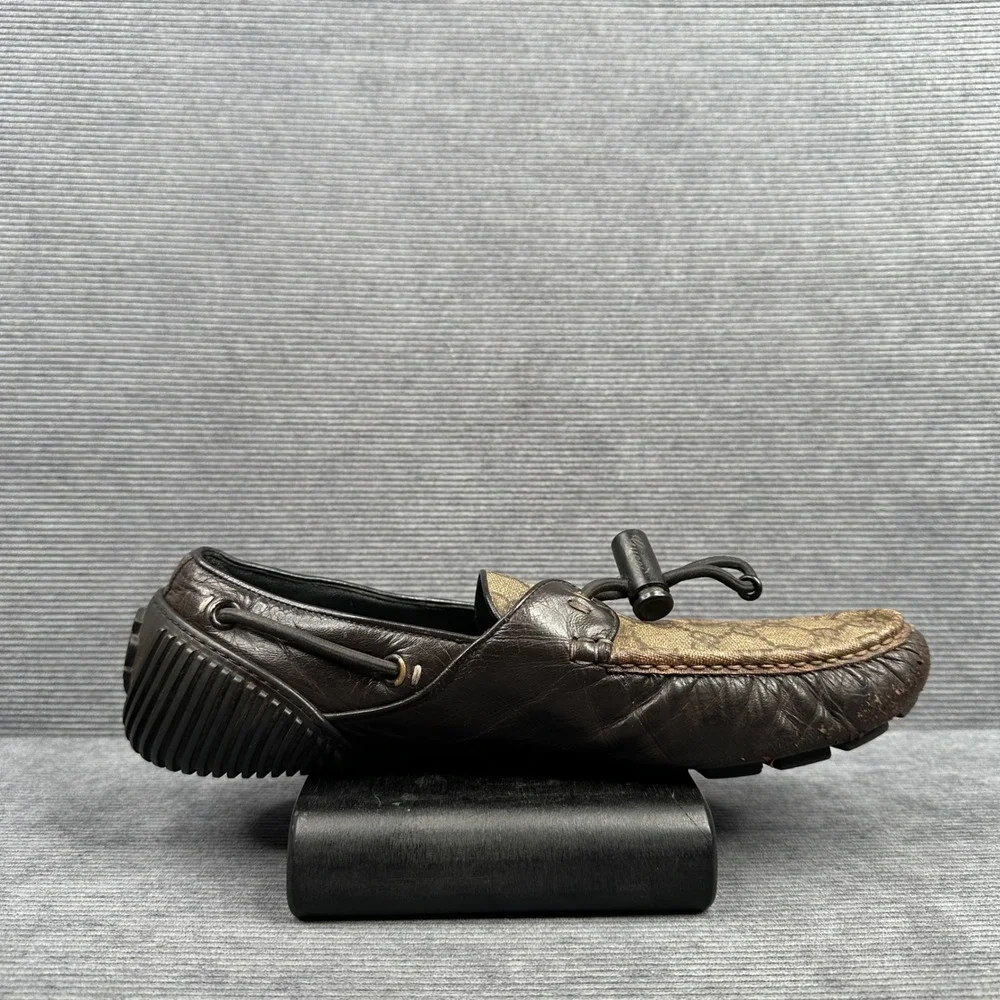 Gucci Mens Brown Leather GG Supreme Monogram Toggle Driving Loafers